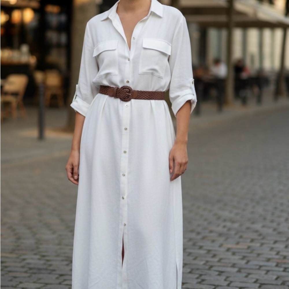 Zara White Long Sleeve Shirt Dress New with Tags